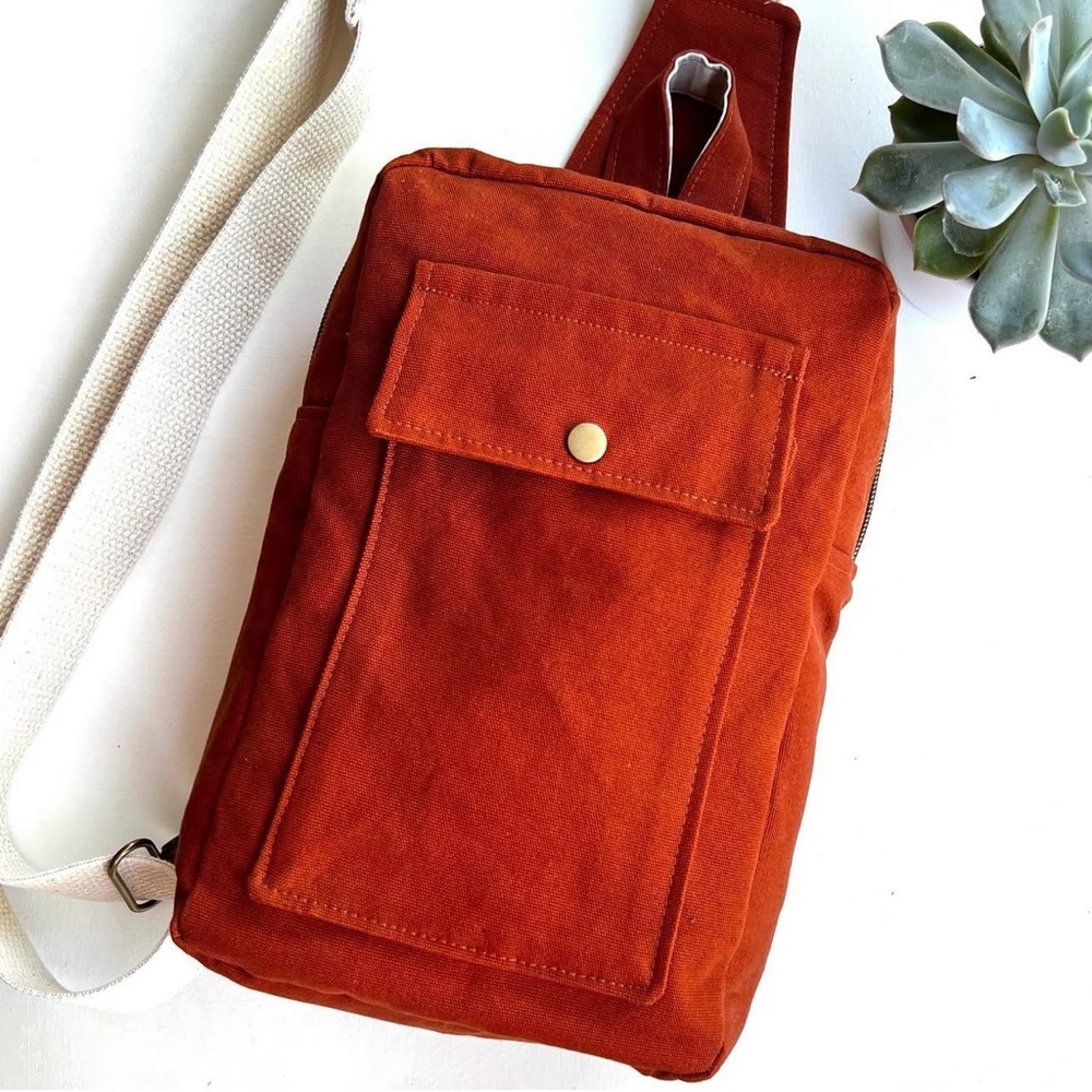 Handcrafted Crossbody Bag (Sandhill Sling) in Rust canvas and striped interior